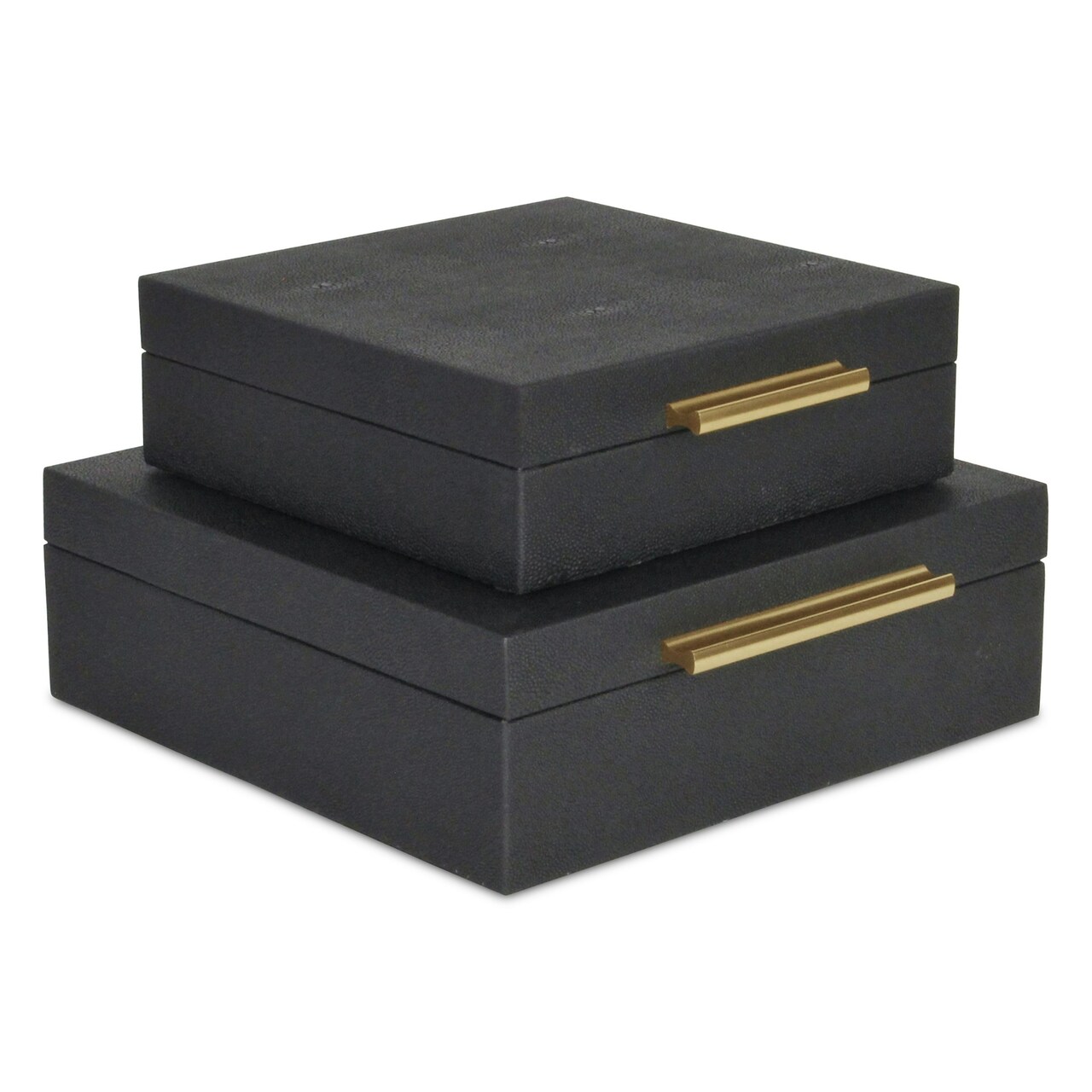 Contemporary Home Living Set of 2 Black Square Faux Shagreen Decorative Box with Handles 9.75"